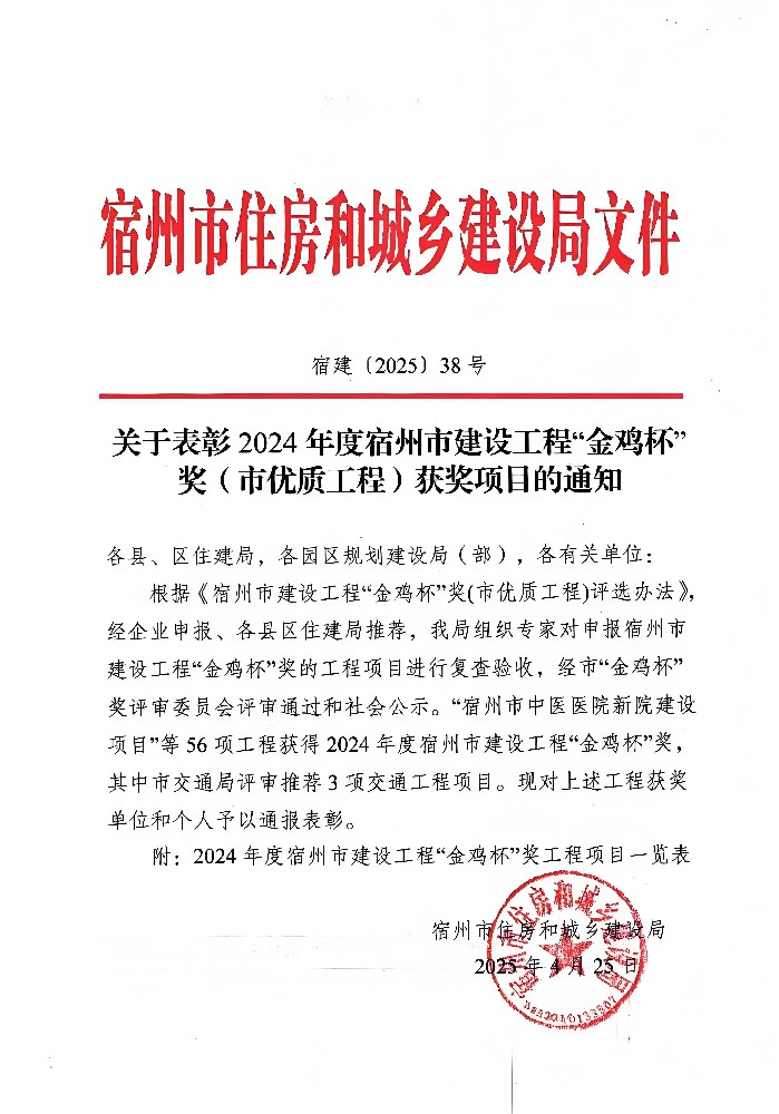 公司監理項目斬獲宿州市“金雞杯”獎，劉斌同志榮獲“優秀總監理工程師”榮譽